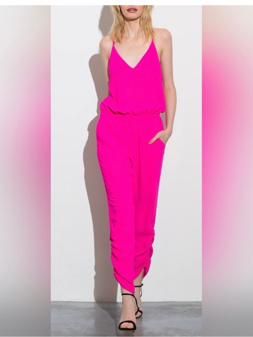 Bright Pink V-Neck Jumpsuit with Pockets 1 ruched legs.  Amanda Uprichard